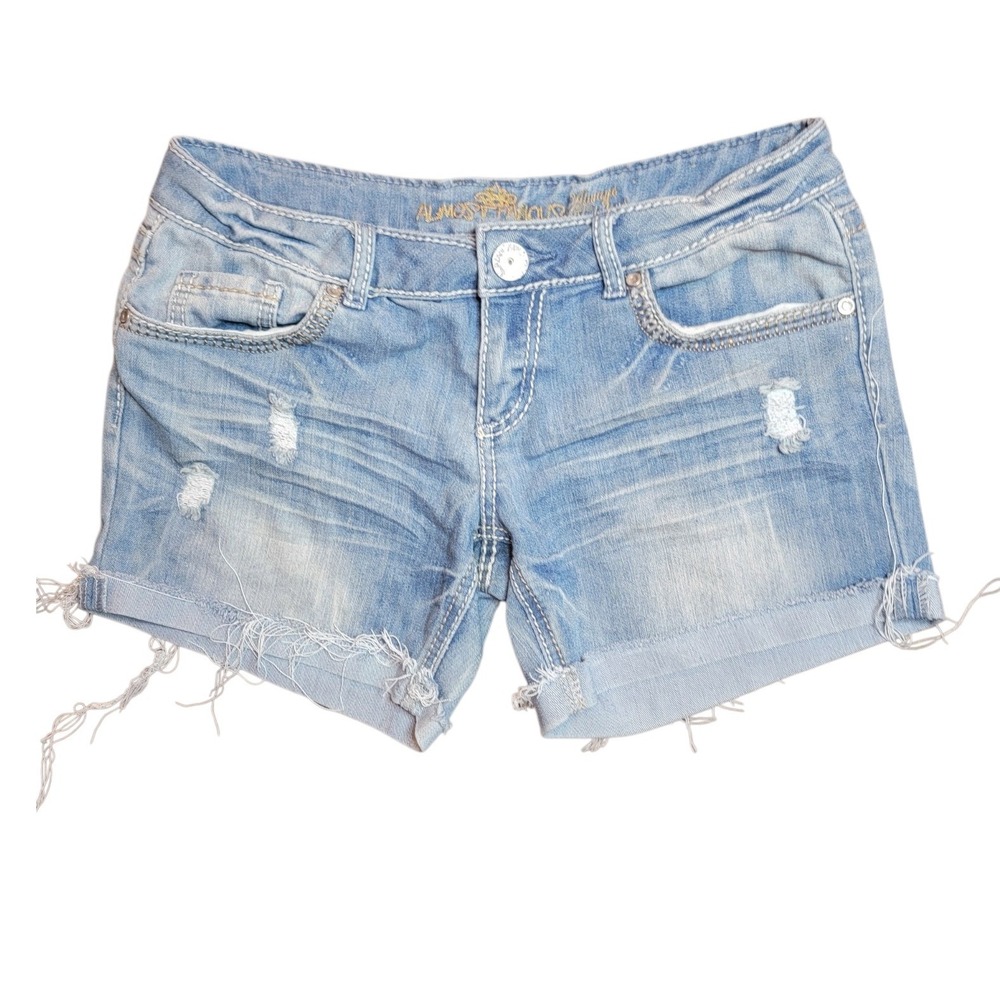 Almost Famous Denim Shorts Womens 11 Light Blue Distressed Frayed Y2K Low Rise